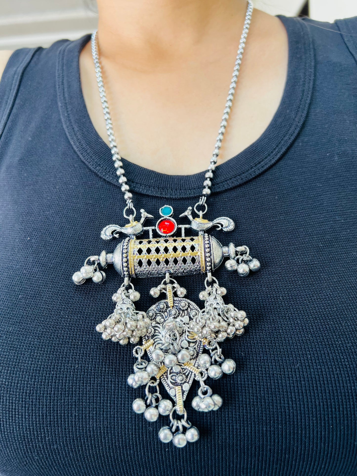 Oxidised Temple-Inspired Pendant Necklace with Dual-Tone Accents