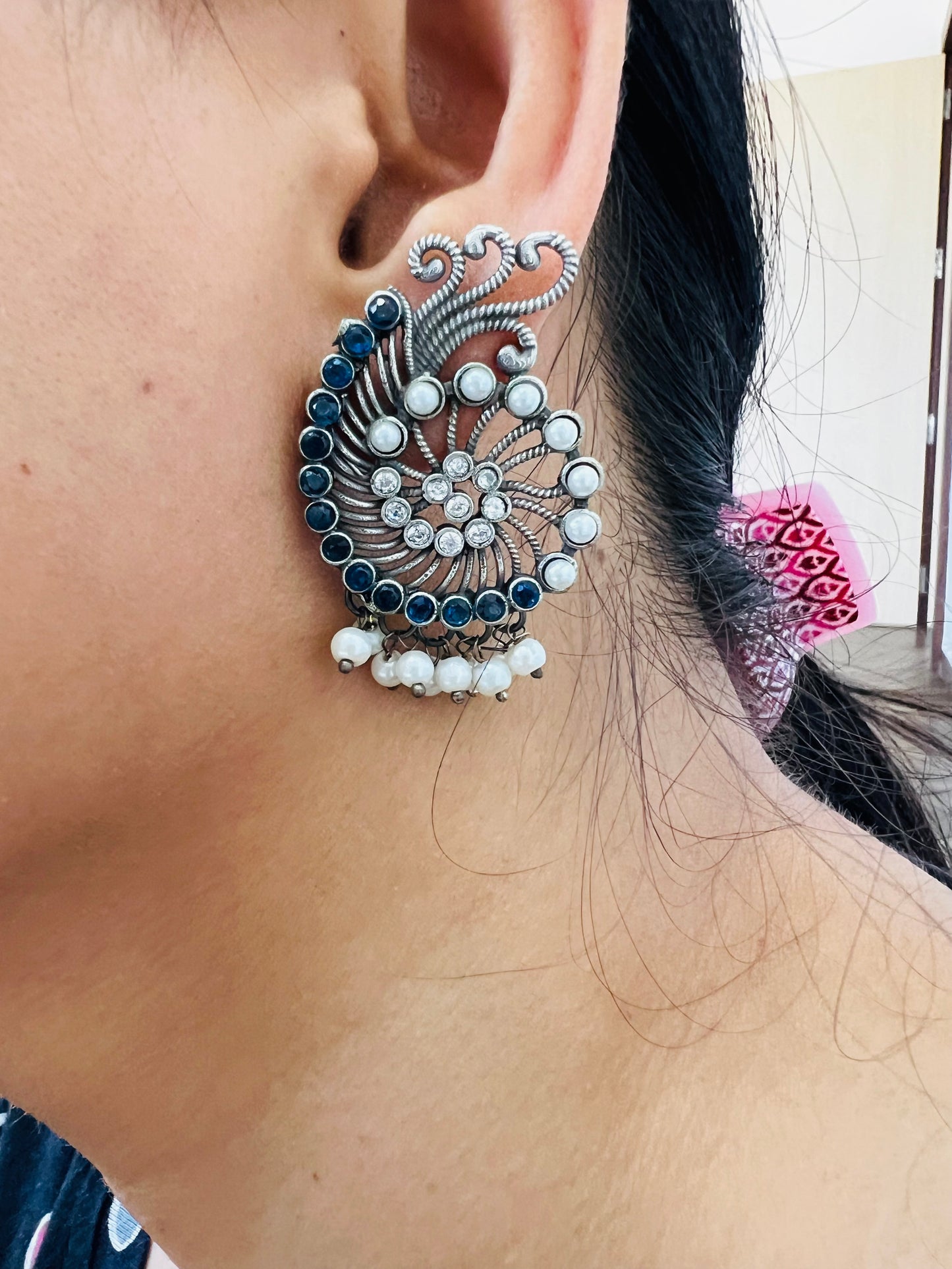 Oxidized Peacock-Style Earrings with Pearls & Stones