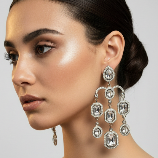 White Kundan Studded Droplet Earrings