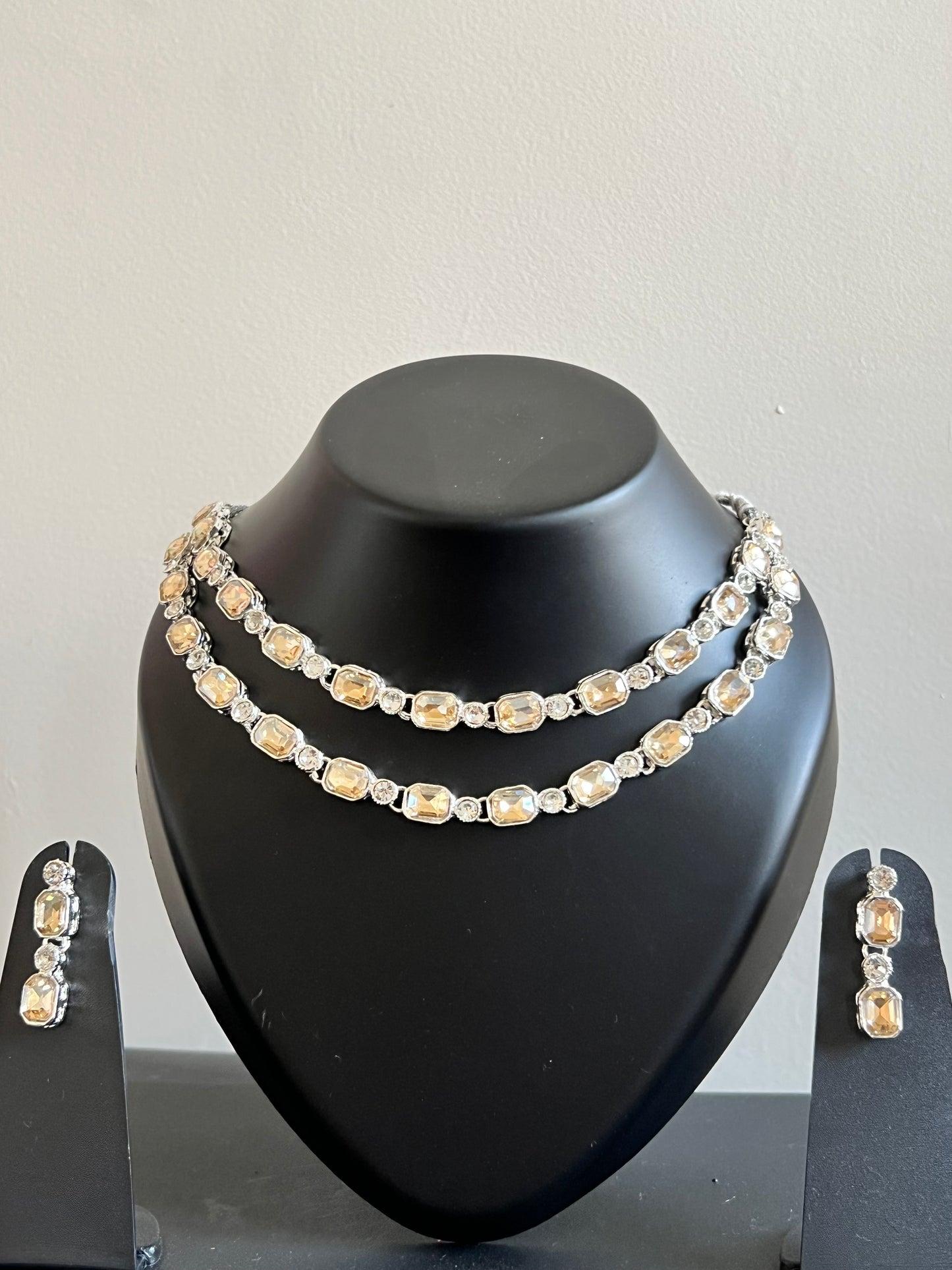 Golden Beige Crystal Double-Layer Necklace Set