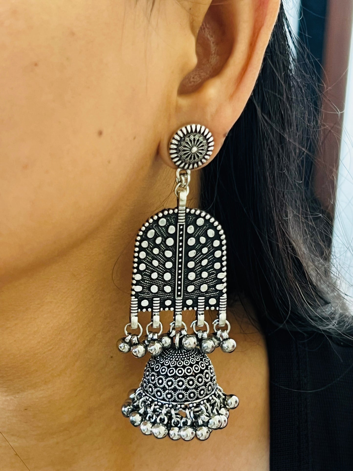 Antique Oxidized Silver Arch Dome Jhumka Earrings