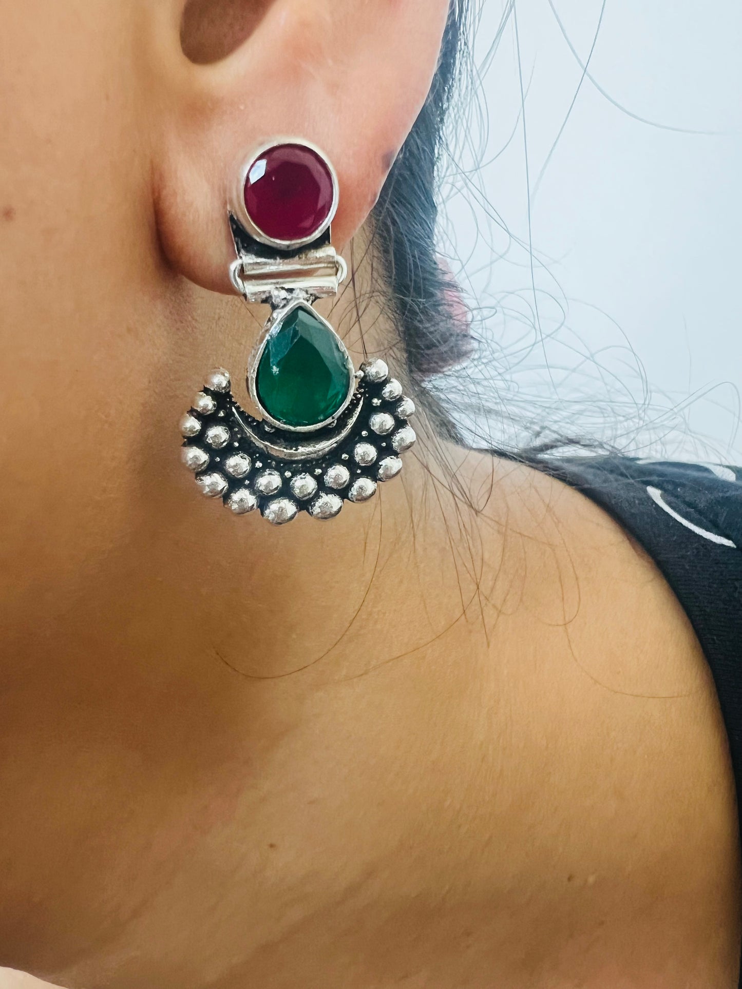 Oxidized Silver Tribal Stud Earrings with Stone