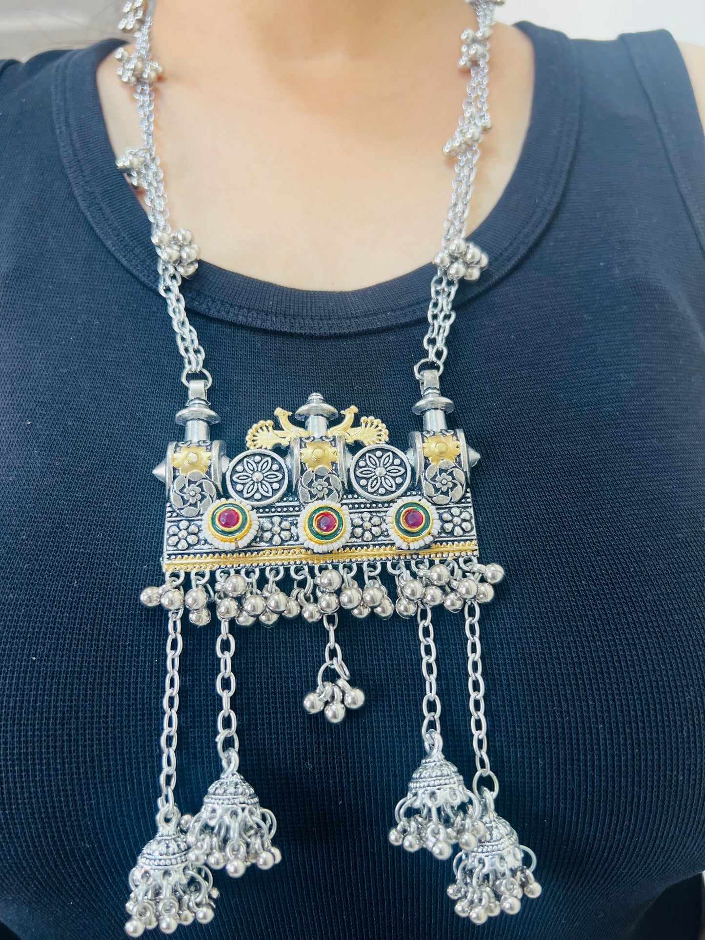 Traditional Oxidised Pendant Necklace with Chain & Ghungroo