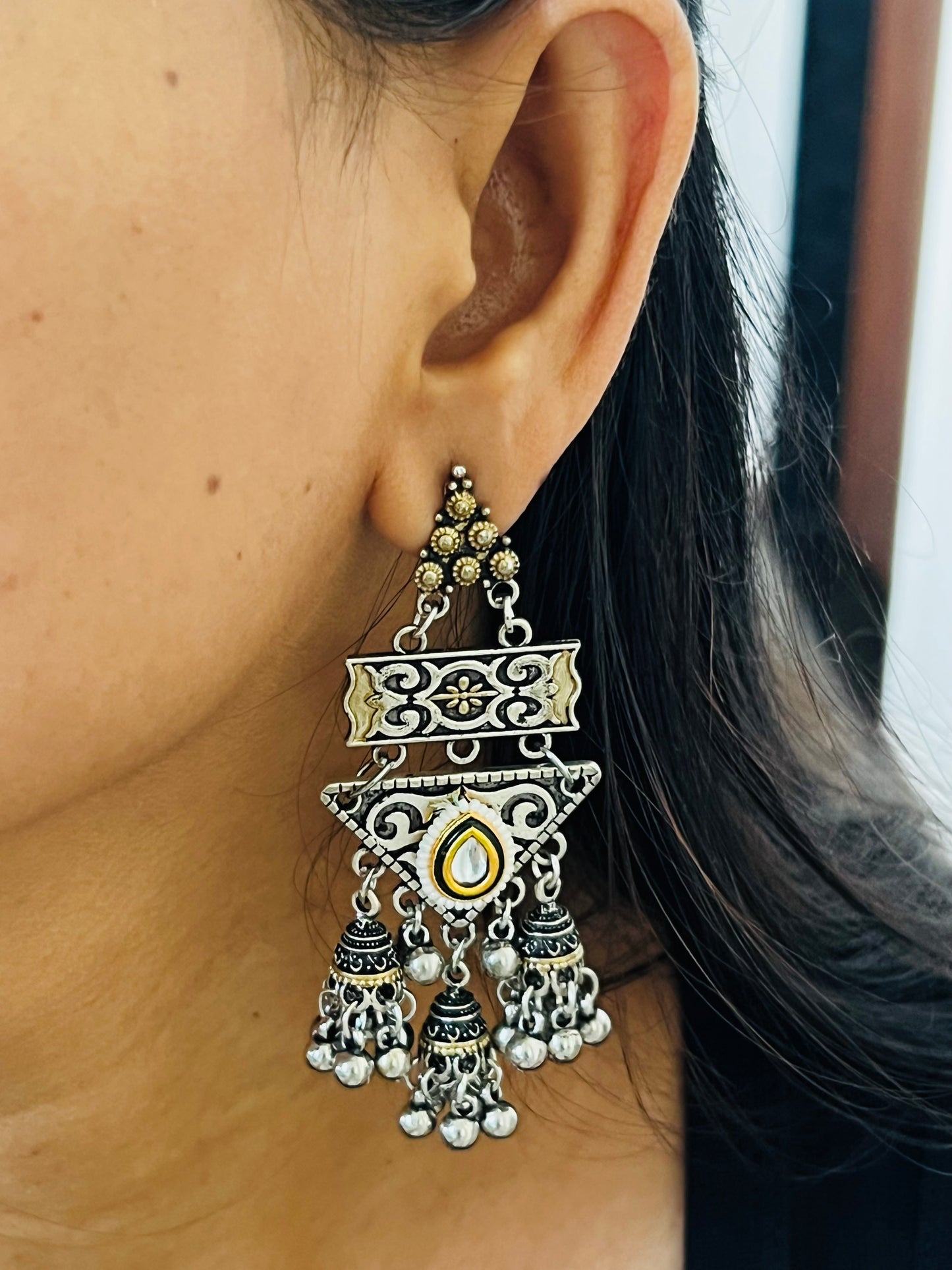 Oxidized Dual tone Temple Dangler Earrings