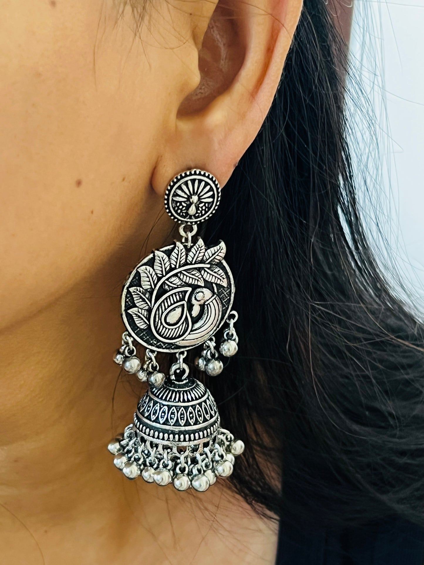 Oxidized Silver Peacock Jhumka Earrings