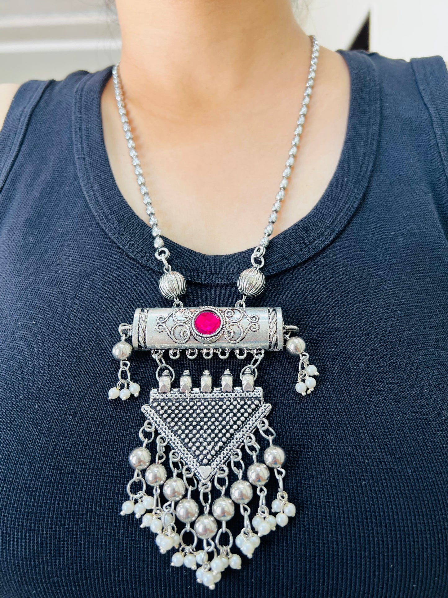 Antique Oxidised Silver Pendant Necklace with Stone & Pearl Drops