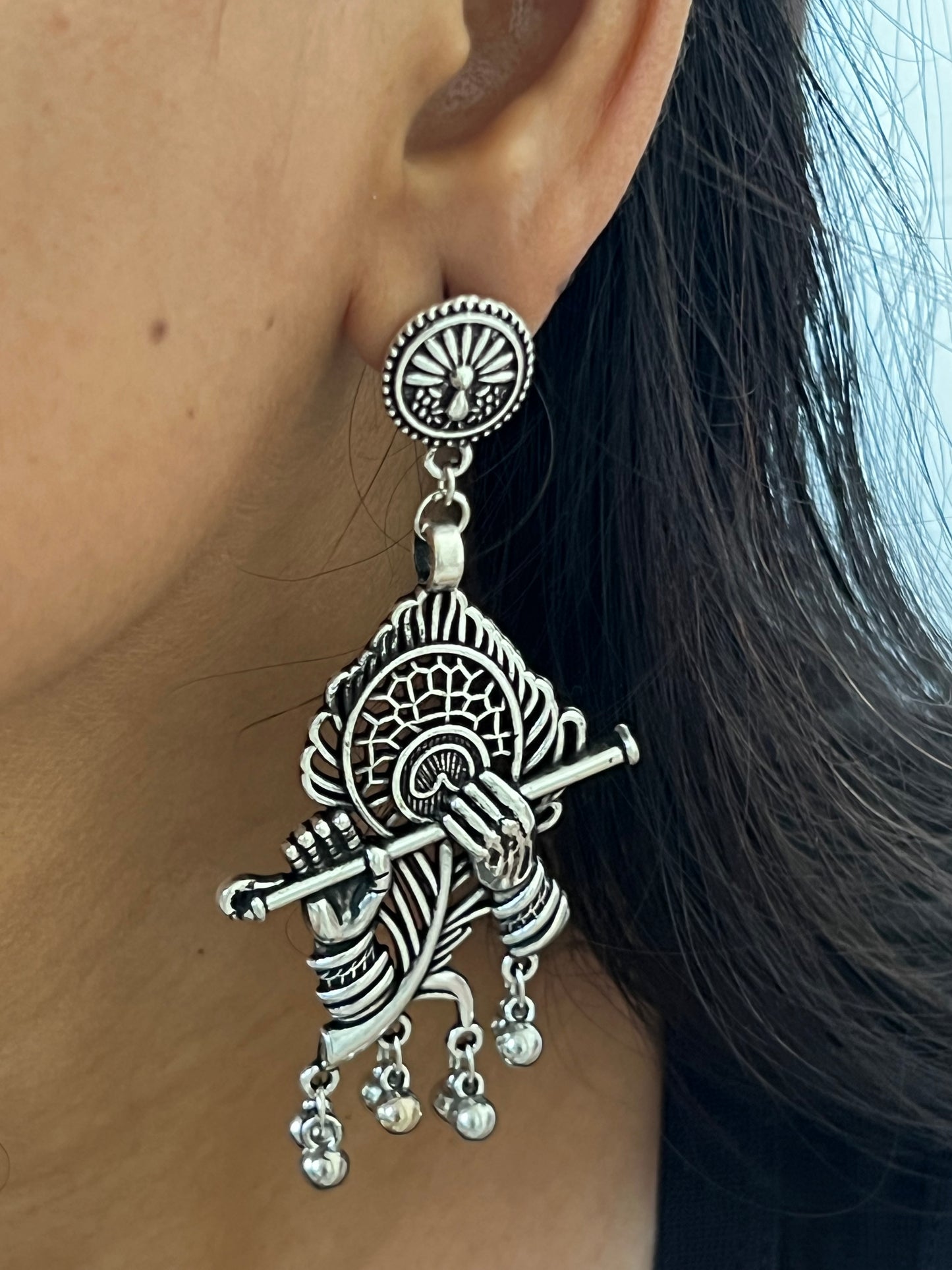 Divine Krishna Flute Oxidised Silver Earrings