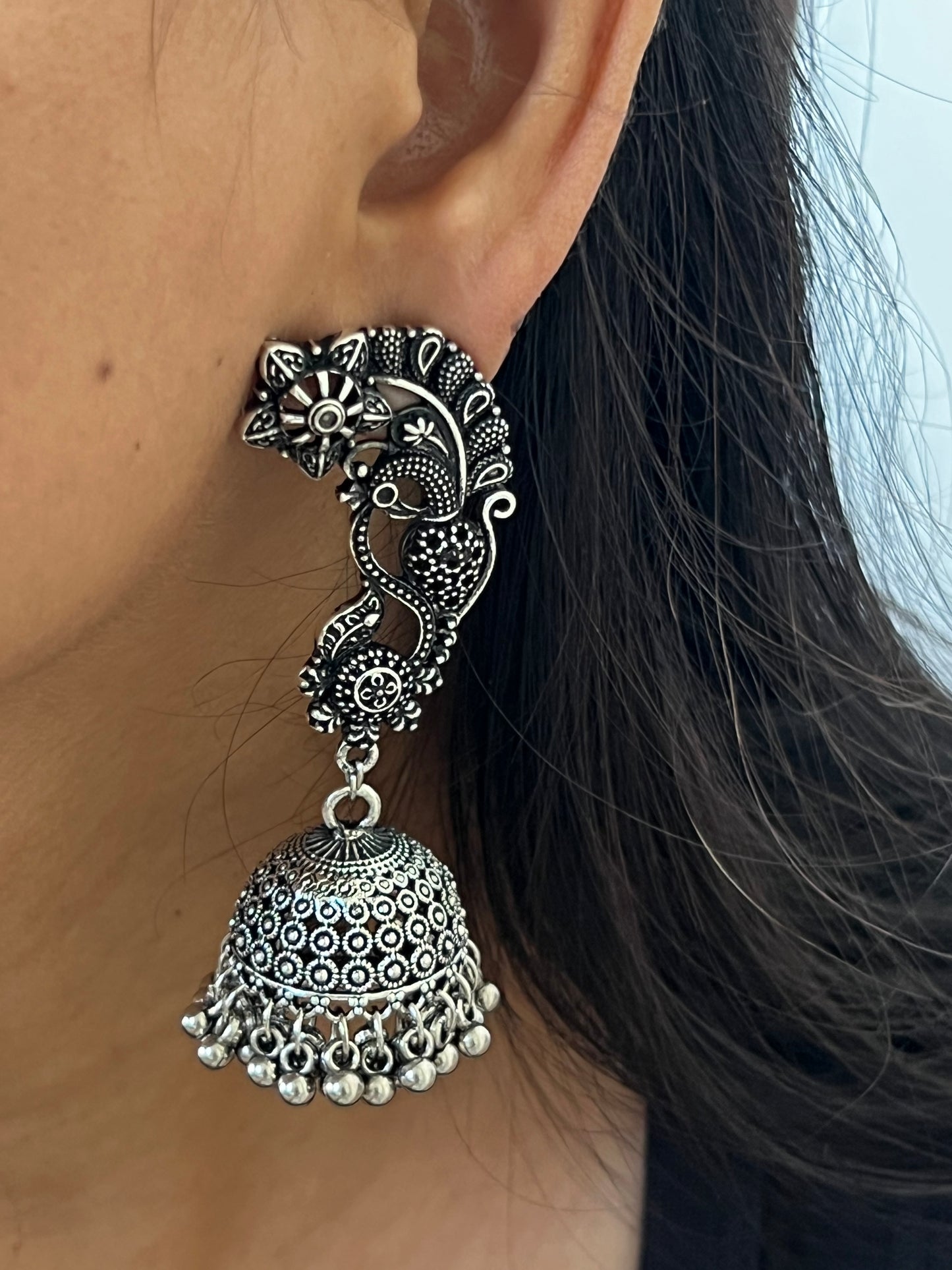 Oxidized Silver Peacock Jhumka Earrings