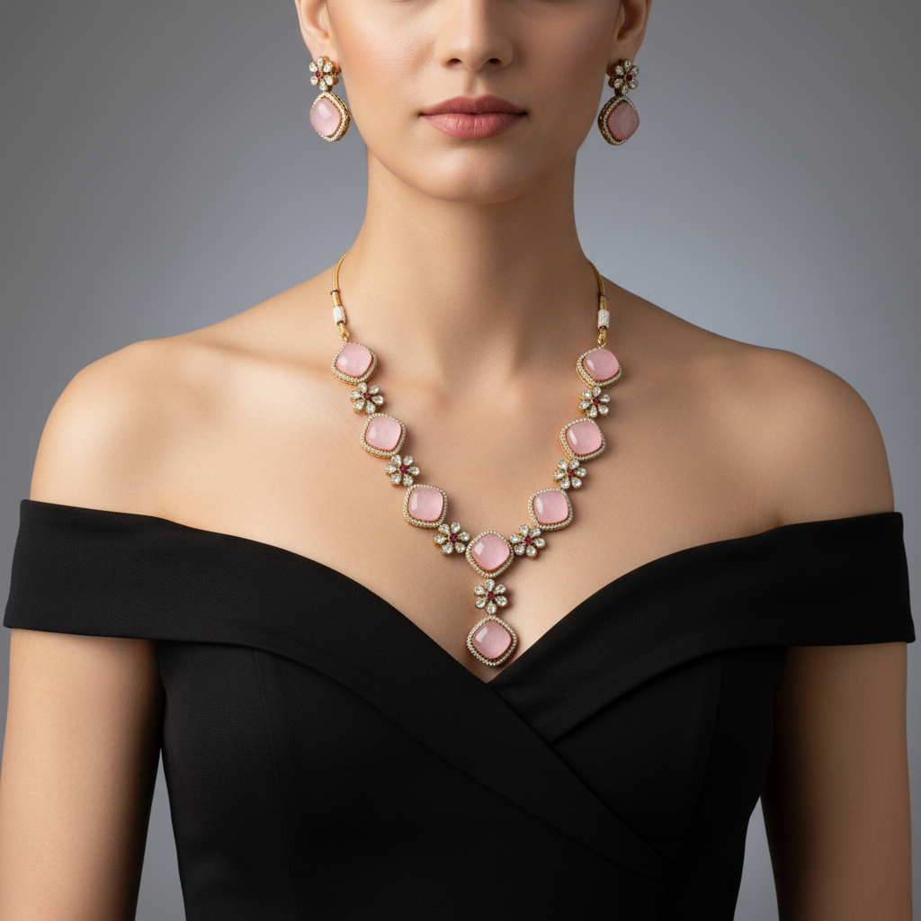 Rose Radiance Polki Necklace Set