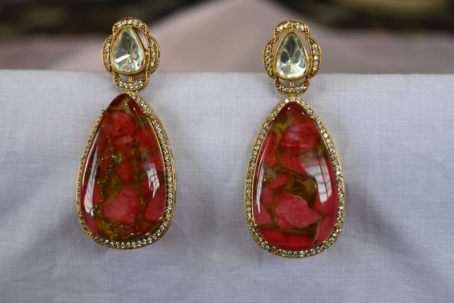 Red Firestone with Polki Earrings