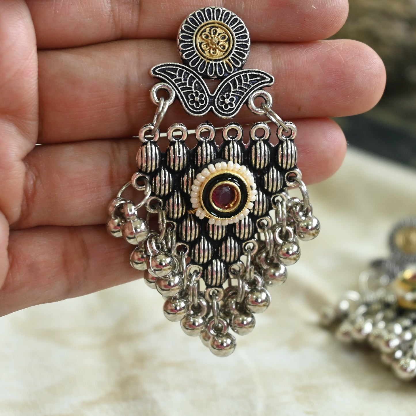 Antique Silver Oxidized Chandbali Earrings
