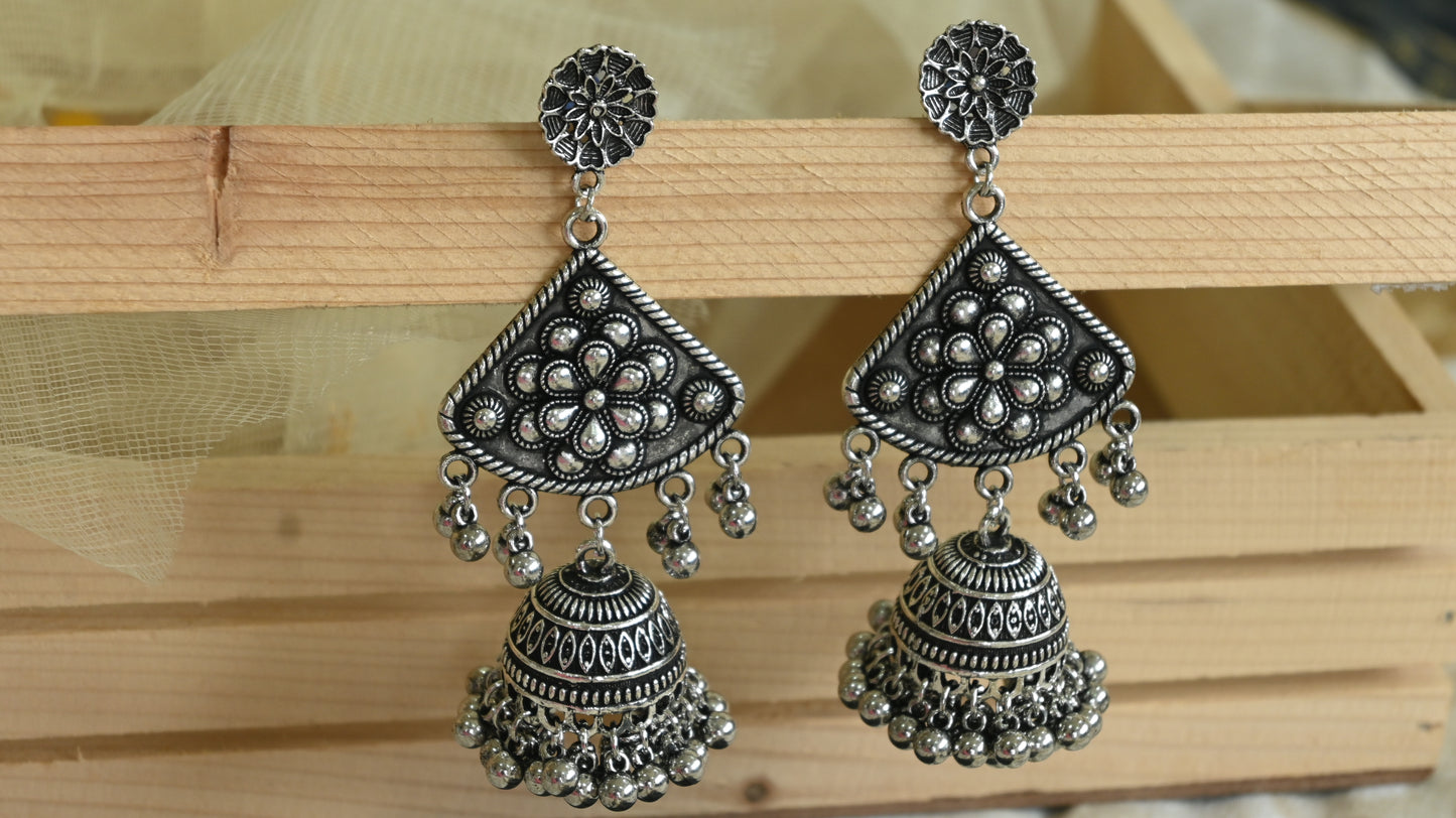 Oxidized Silver Floral Triangle Jhumka Earrings