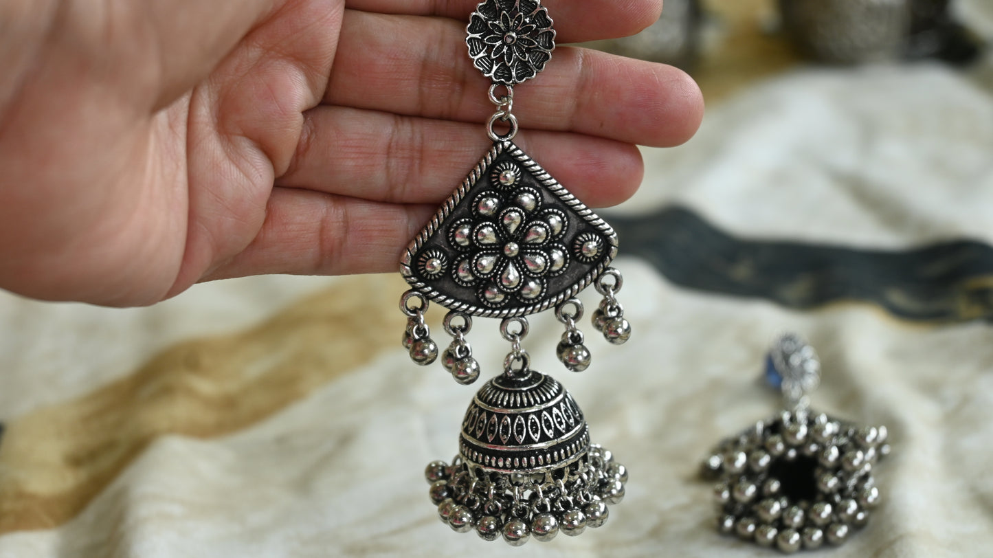 Oxidized Silver Floral Triangle Jhumka Earrings