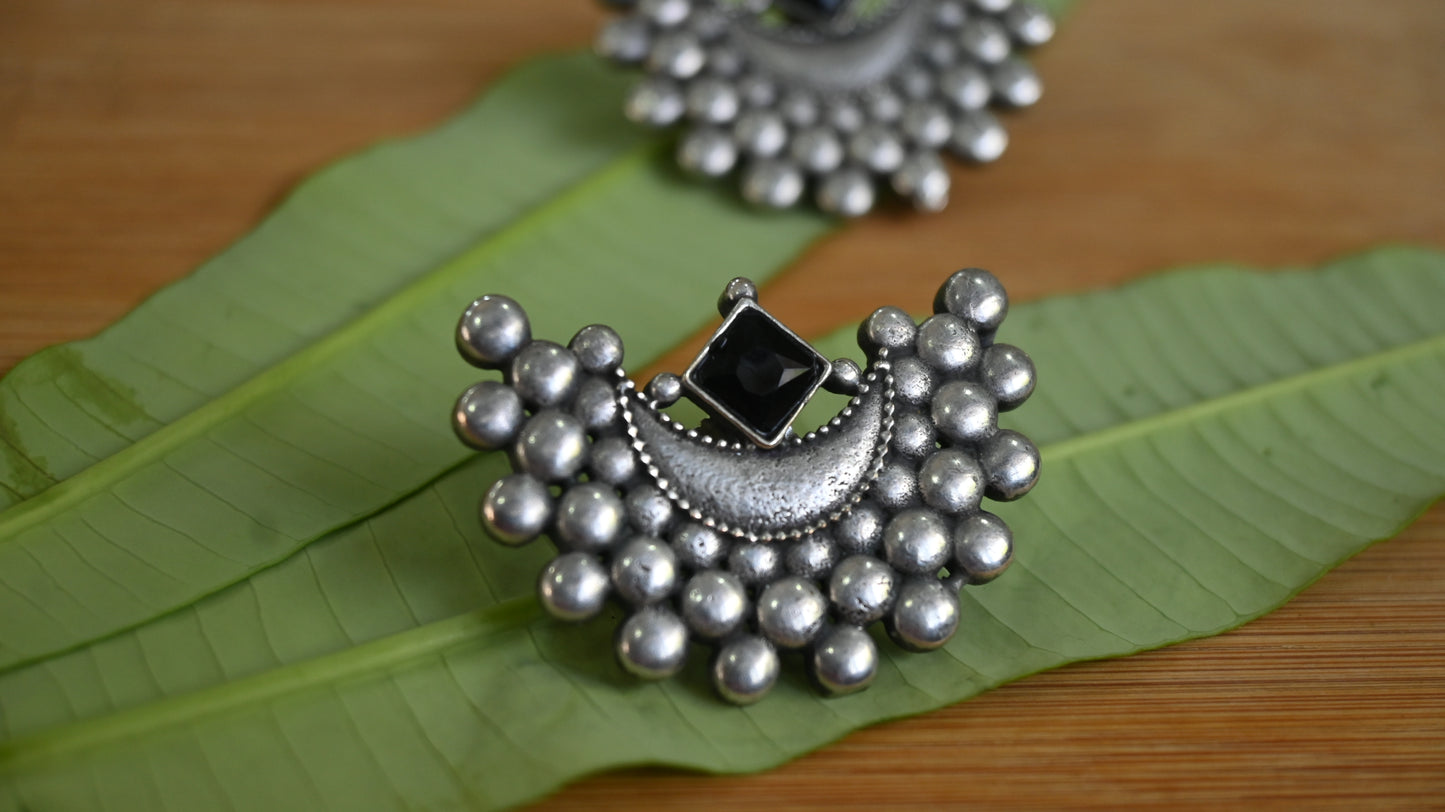Chandra Silver Stud Earrings with Stone & Crescent Motif