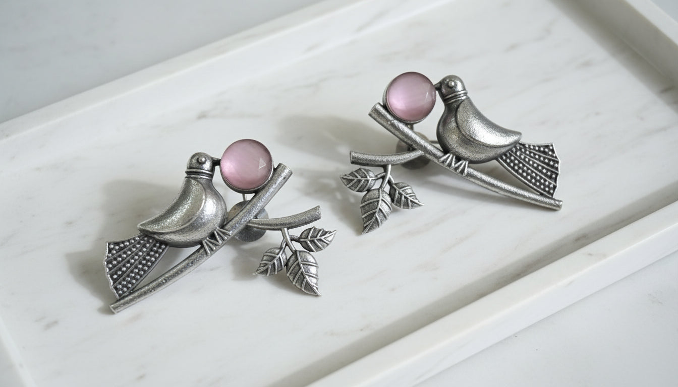 Antique Silver Bird Motif Earrings with Stone