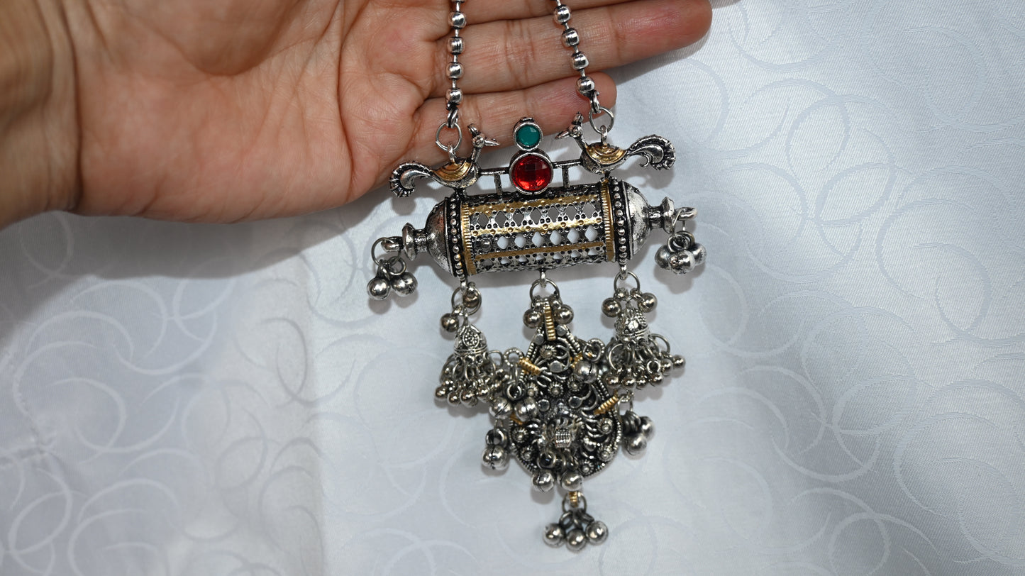 Oxidised Temple-Inspired Pendant Necklace with Dual-Tone Accents
