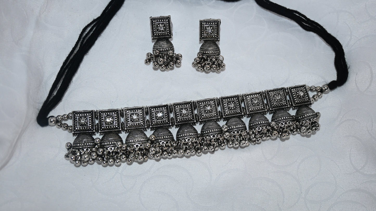 Oxidised Silver Square Motif Choker & Earrings Set