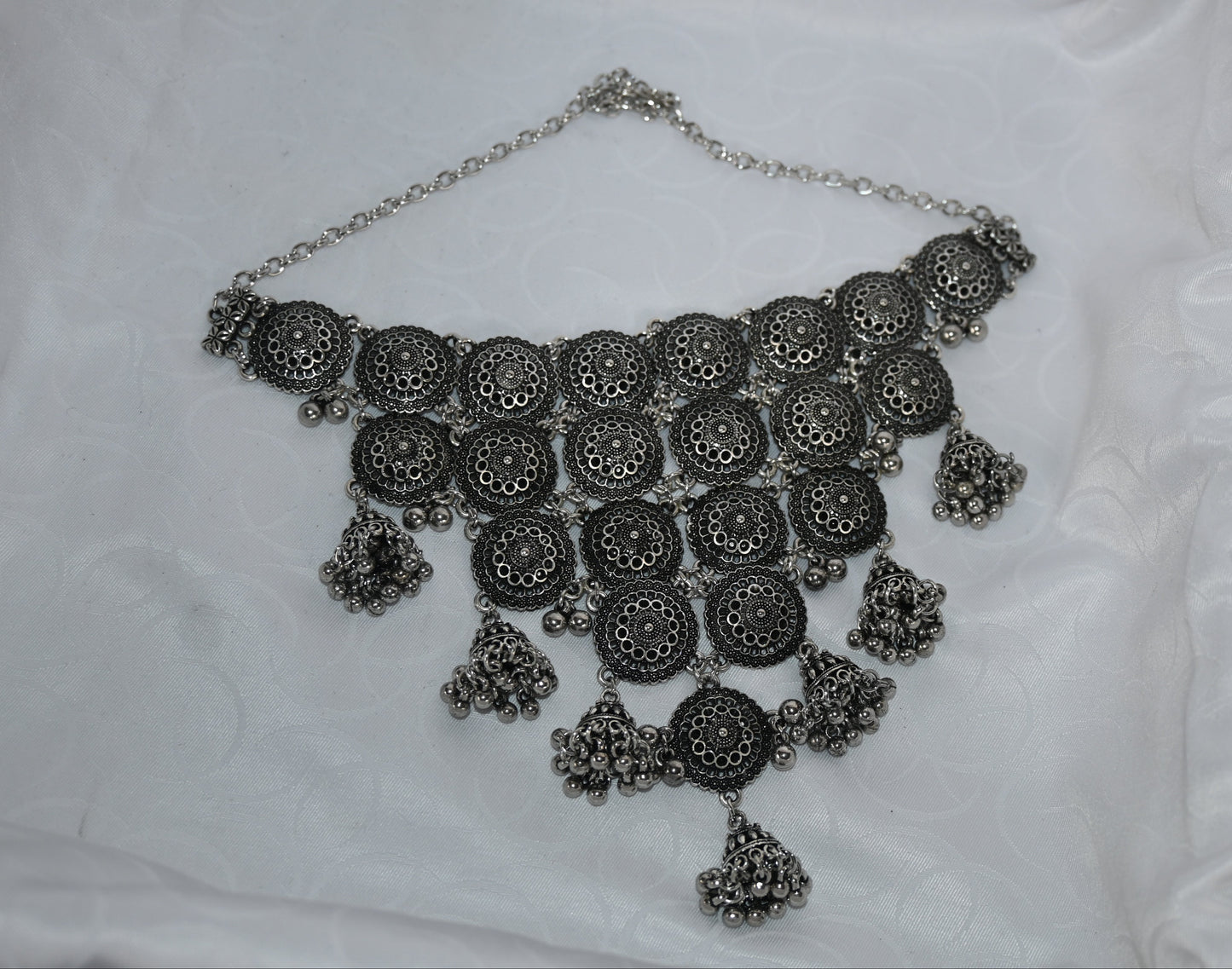 Oxidised Silver Circular Pattern Choker Necklace & Earring Set