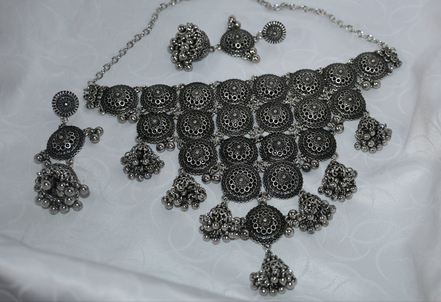 Oxidised Silver Circular Pattern Choker Necklace & Earring Set