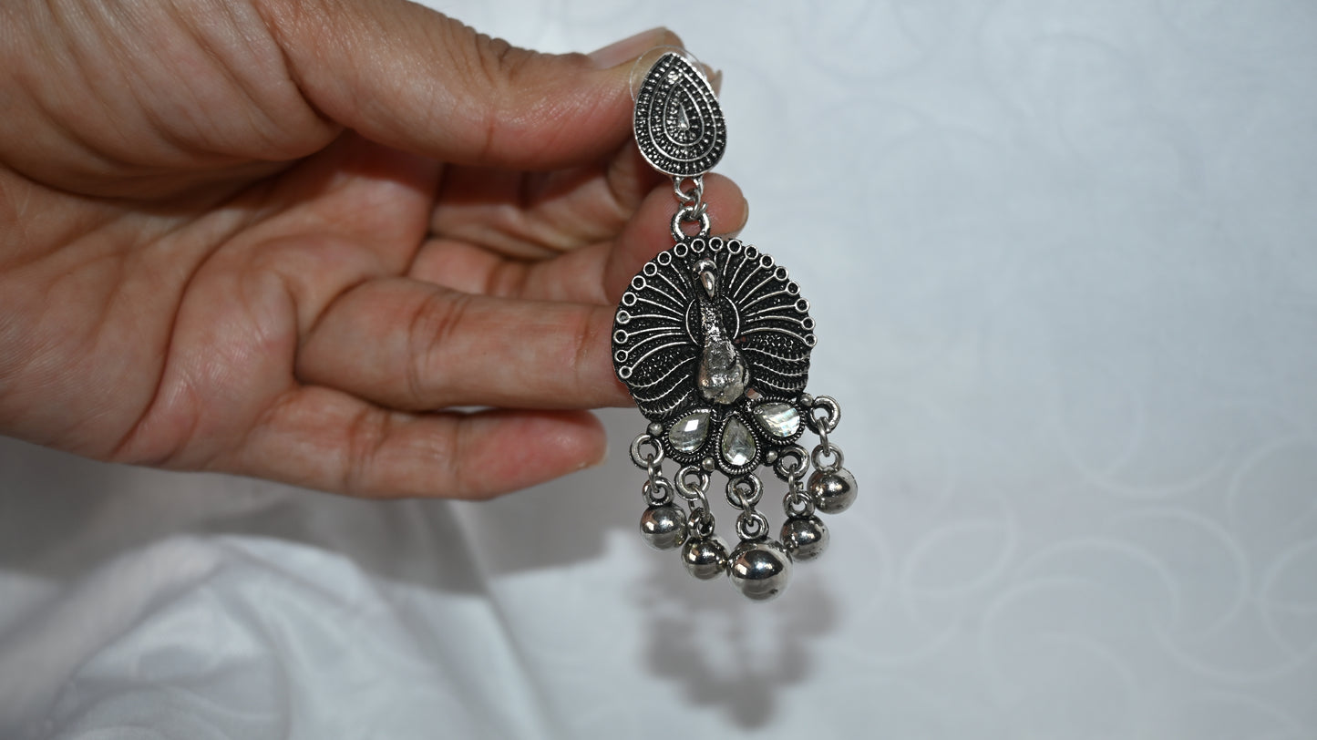 Oxidised Silver Peacock Motif Choker Necklace & Earrings Set