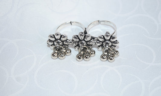 Oxidised Silver Floral Adjustable Ring with Dangling Beads
