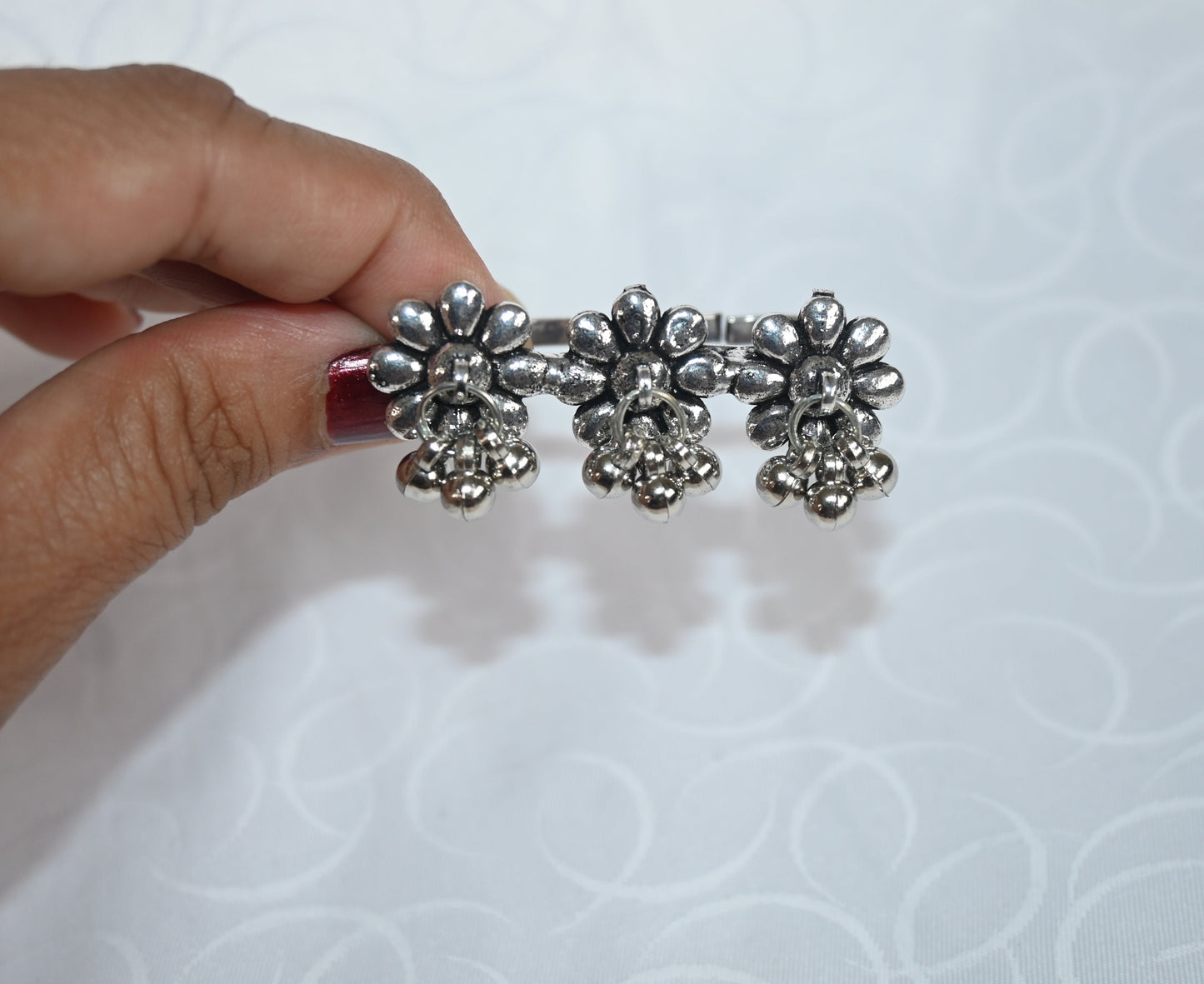 Oxidised Silver Floral Adjustable Ring with Dangling Beads