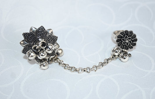 Oxidised Silver Dual Finger Ring with Chain & Floral Motif