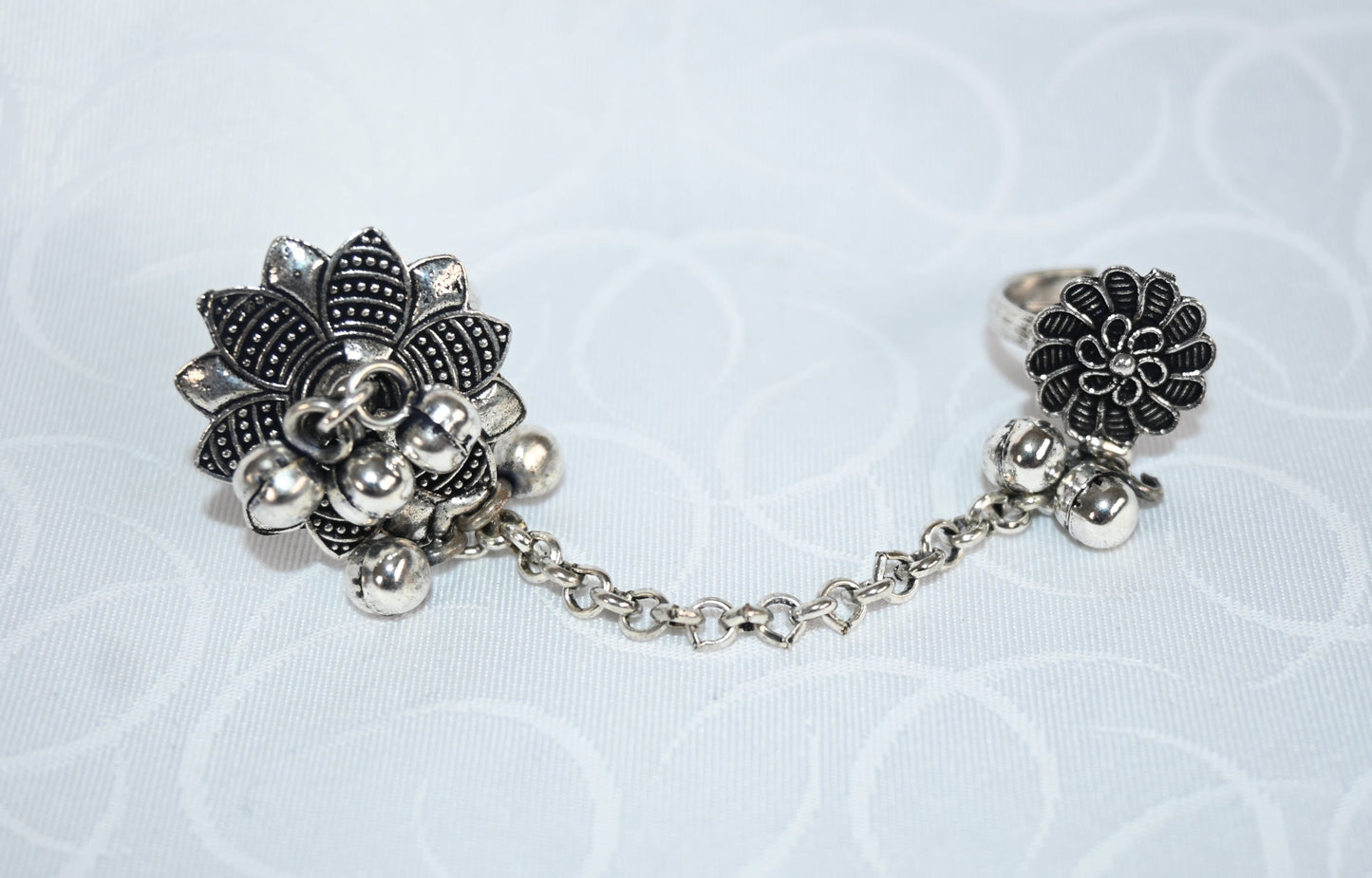 Oxidised Silver Dual Finger Ring with Chain & Floral Motif
