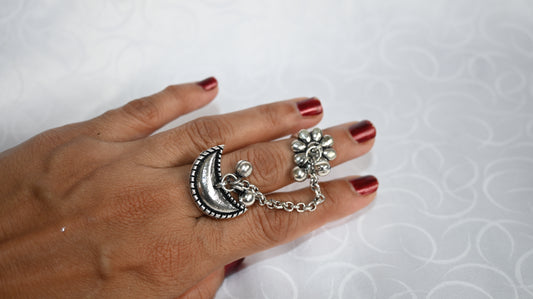 Oxidised Crescent Moon & Floral Dual Finger Ring with Chain