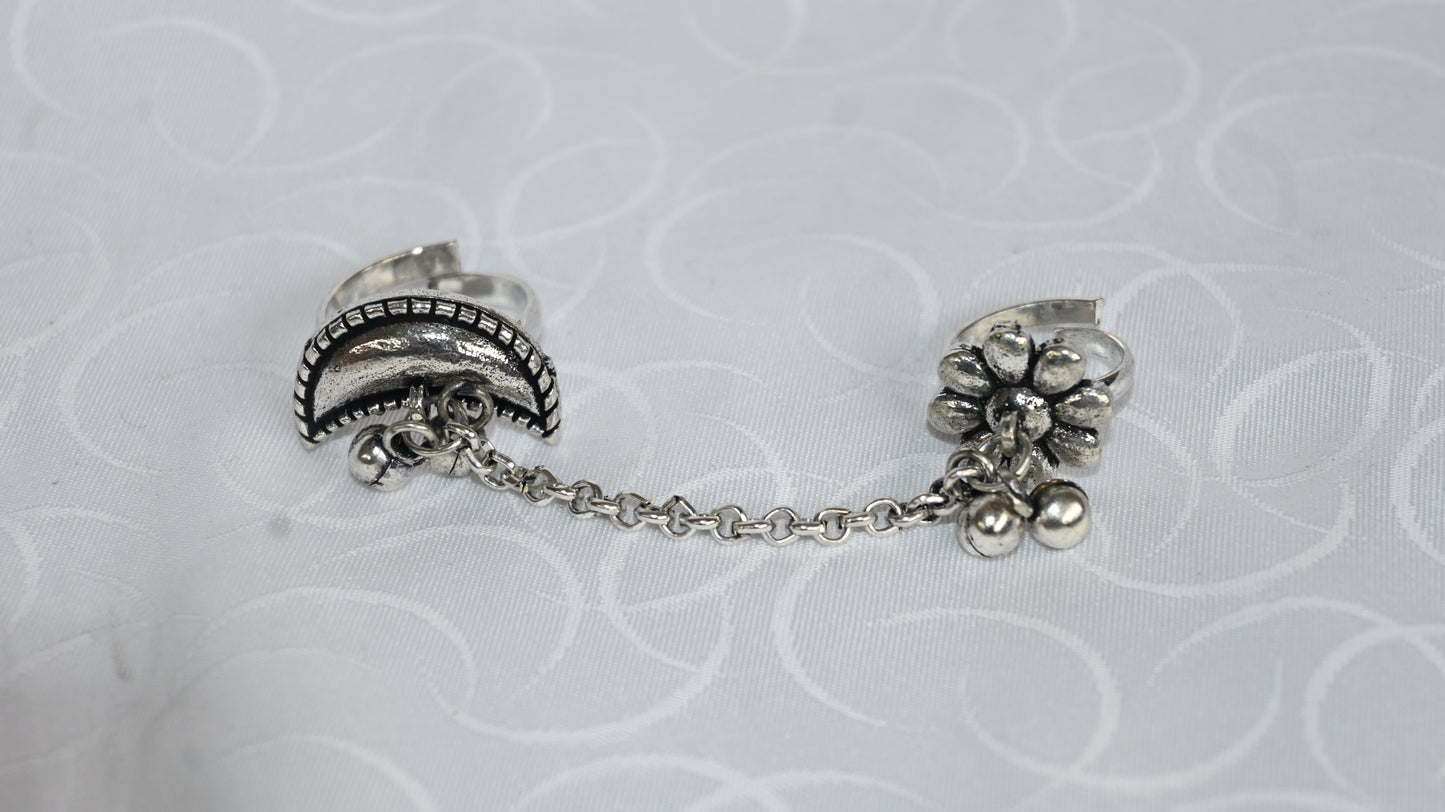 Oxidised Crescent Moon & Floral Dual Finger Ring with Chain