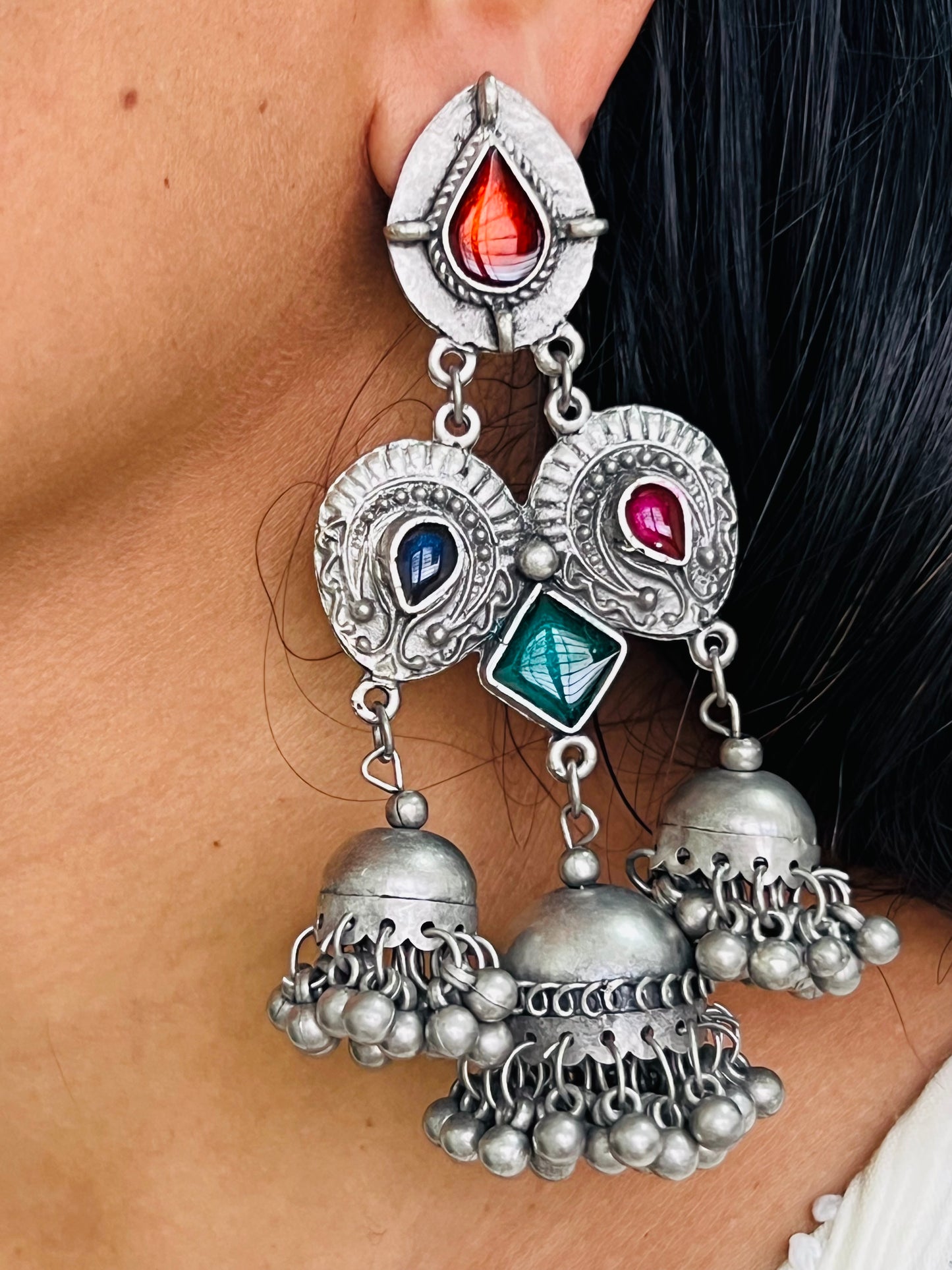 Afghani Oxidized Silver Jhumka Earrings