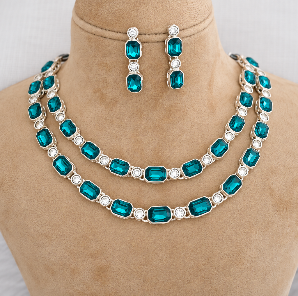 Aqua Crystal Double-Layer Necklace Set