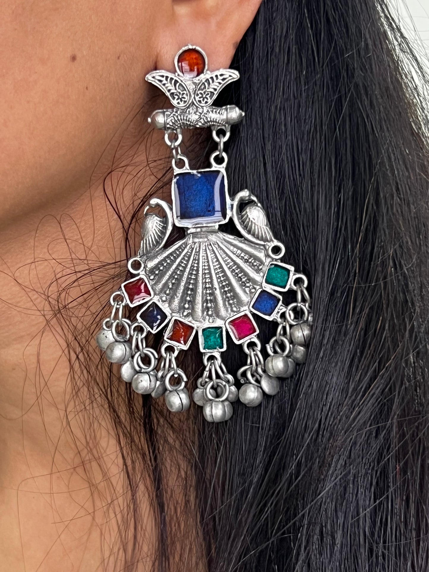 Oxidised Crescent Moon & Floral Dual Finger Ring with Chain