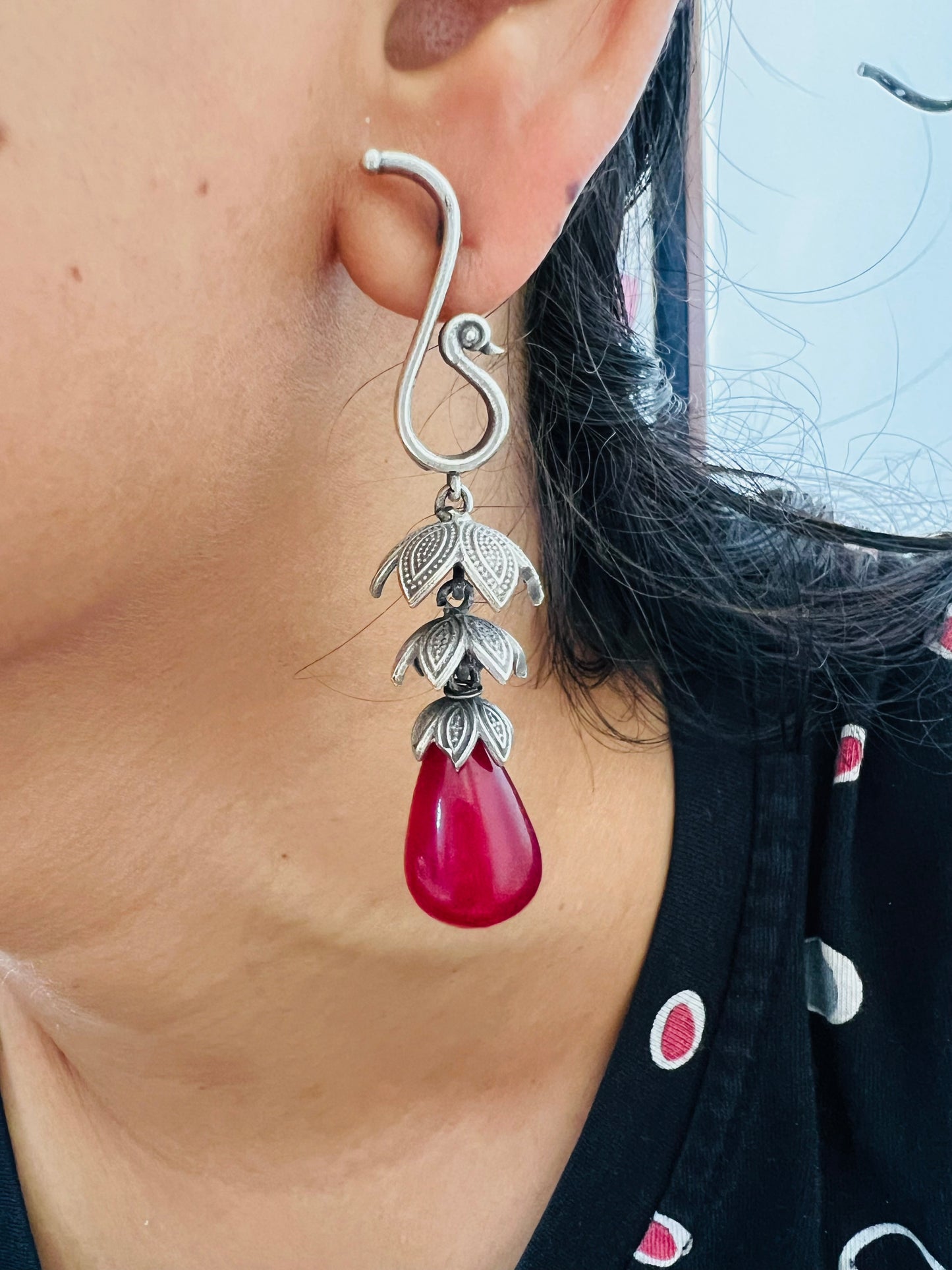 Oxidised Crescent Moon & Floral Dual Finger Ring with Chain