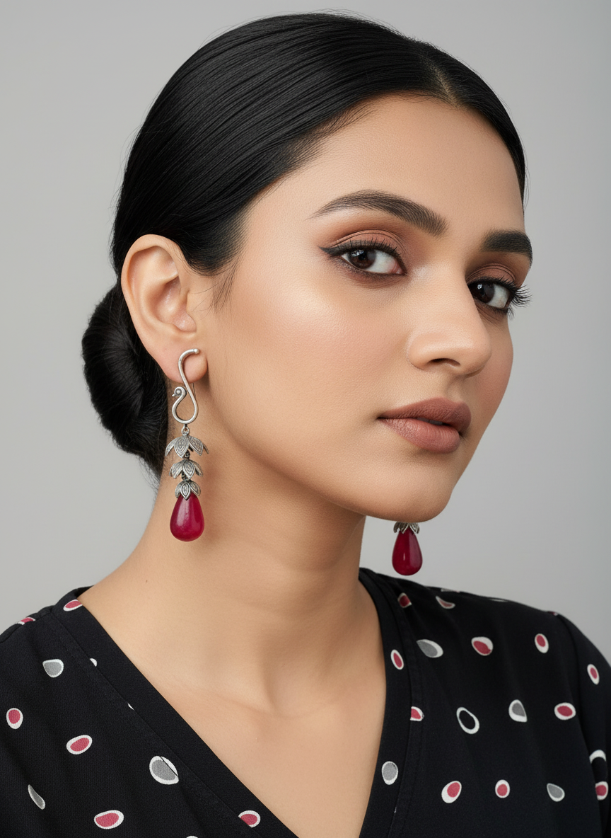 Oxidised Silver Peacock Drop Earrings