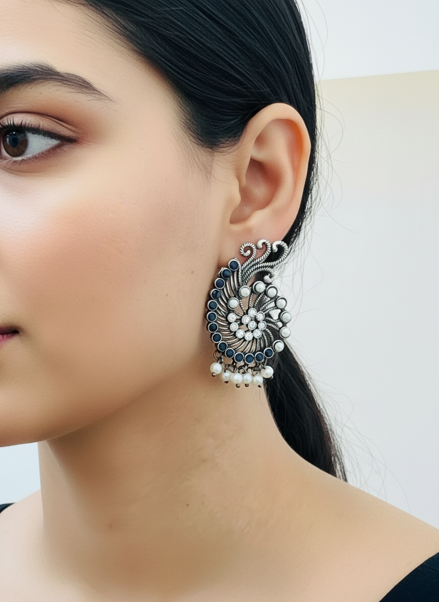 Oxidized Peacock-Style Earrings with Pearls & Stones