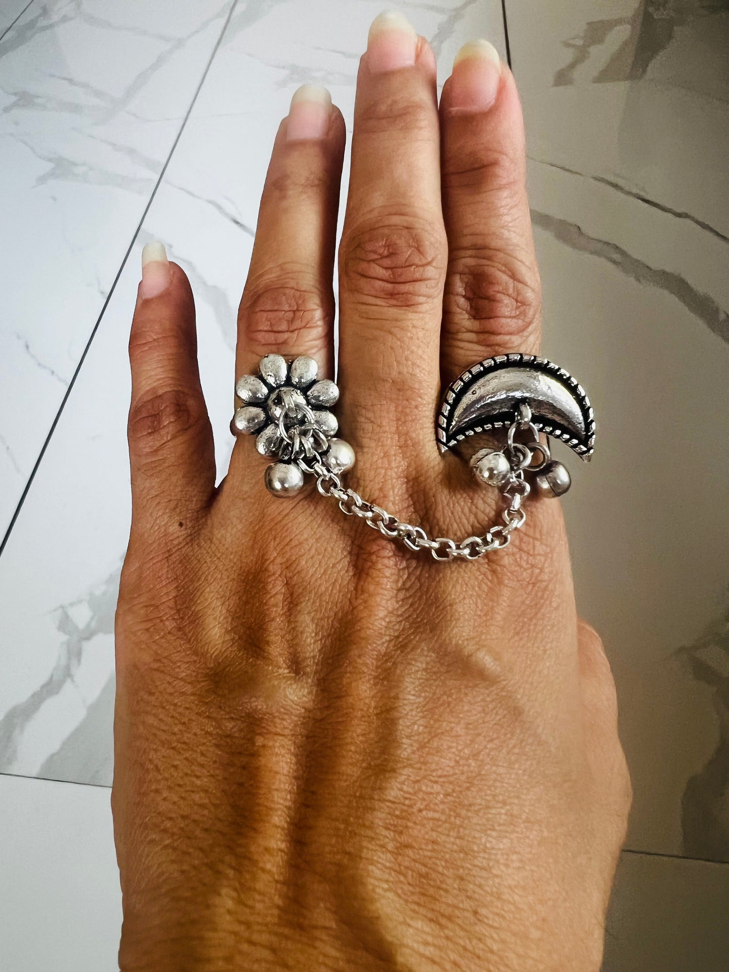Oxidised Crescent Moon & Floral Dual Finger Ring with Chain