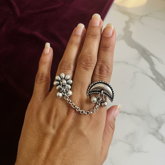 Oxidised Crescent Moon & Floral Dual Finger Ring with Chain