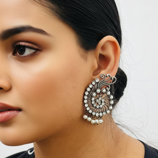 Oxidized Peacock-Style Earrings with Pearls & Stones