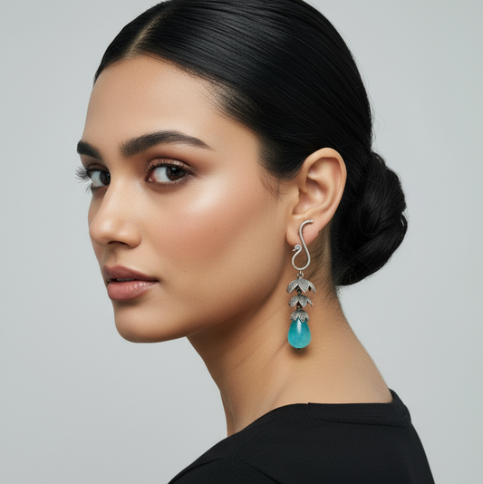 Oxidised Silver Peacock Drop Earrings