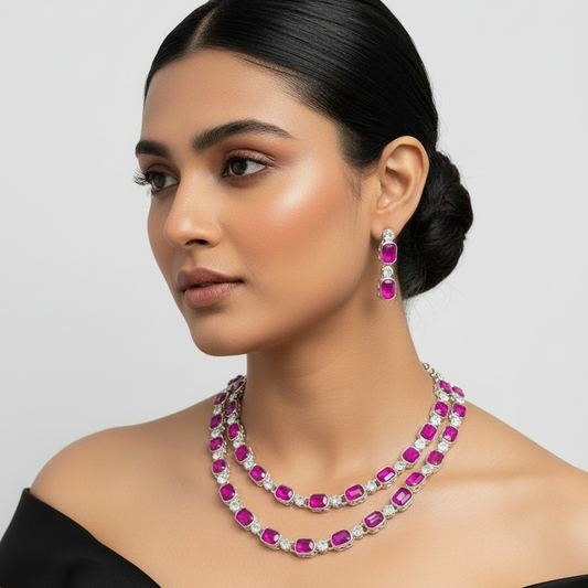 Magenta AD Stone Double layer Necklace Set