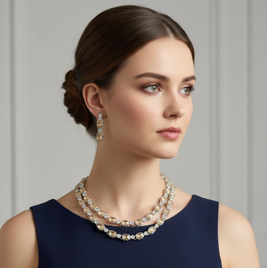 Golden Beige Crystal Double-Layer Necklace Set