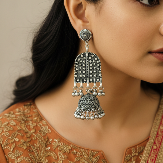 Antique Oxidized Silver Arch Dome Jhumka Earrings