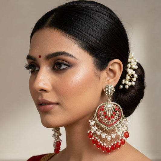 Orange Kundan Chandbali Earrings