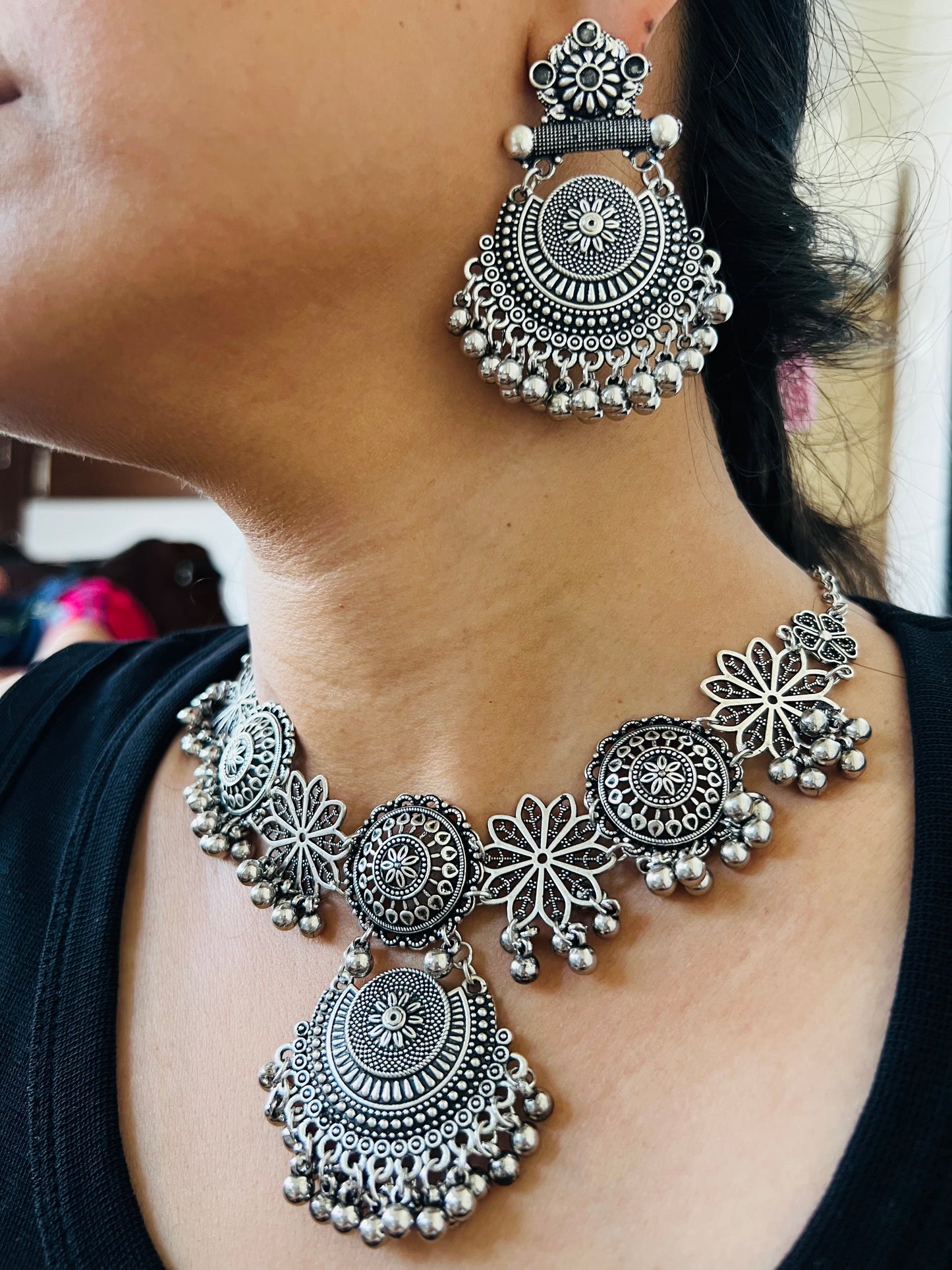 Oxidised Silver Floral Motif Necklace & Earrings Set