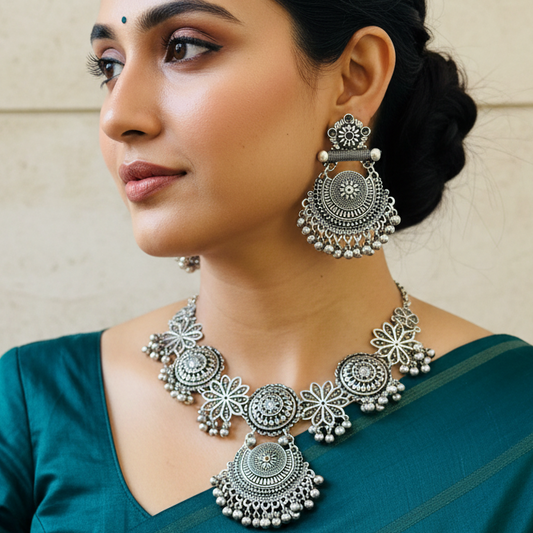 Oxidised Silver Floral Motif Necklace & Earrings Set