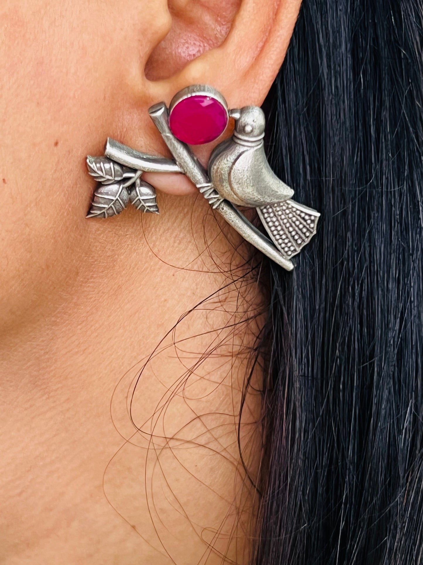 Oxidised Crescent Moon & Floral Dual Finger Ring with Chain