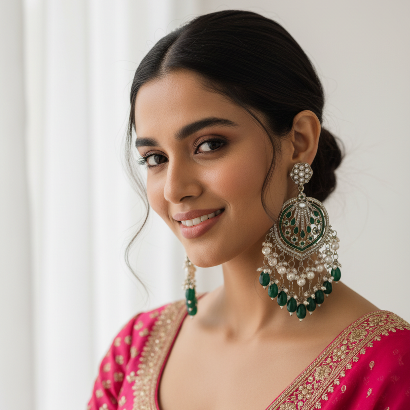 Green Kundan Chandbali Earrings