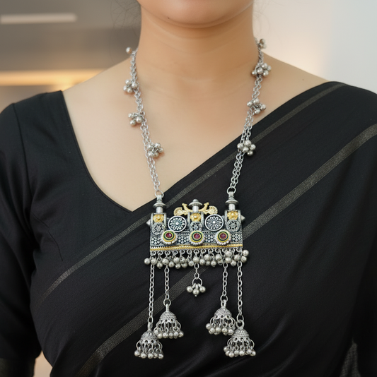 Traditional Oxidised Pendant Necklace with Chain & Ghungroo