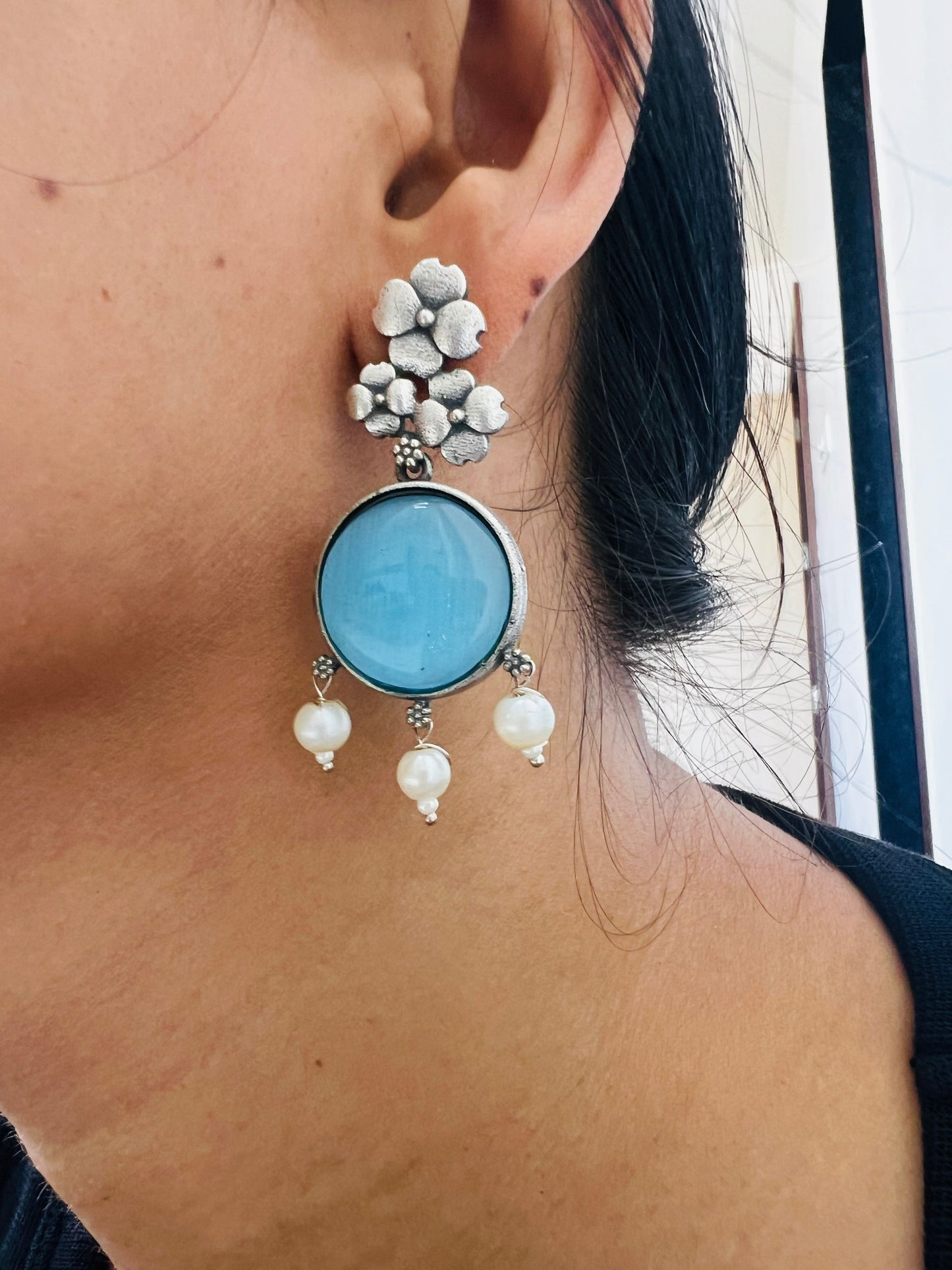 Oxidised Crescent Moon & Floral Dual Finger Ring with Chain